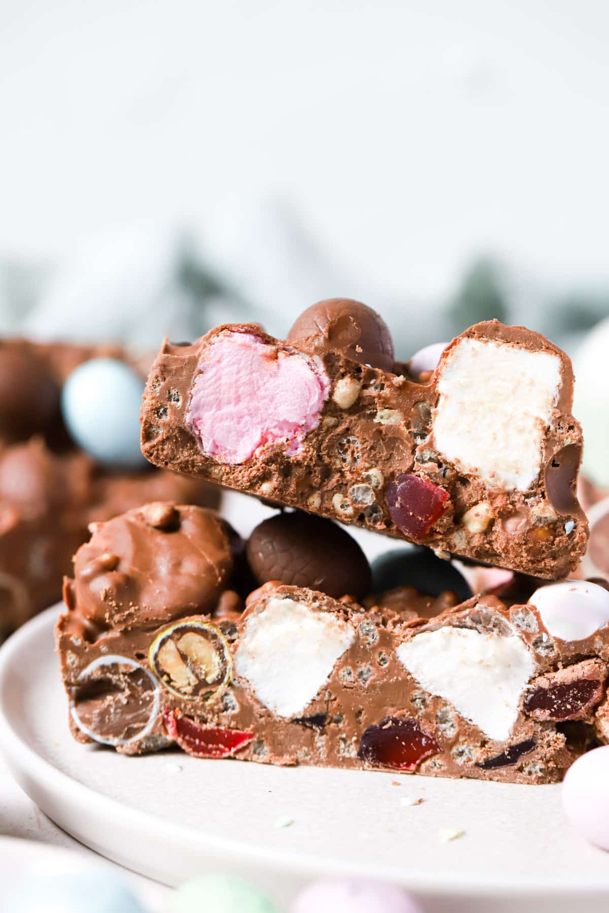 rocky road slices on a white plate