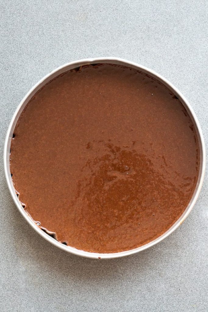 cake batter in a baking tin, top view