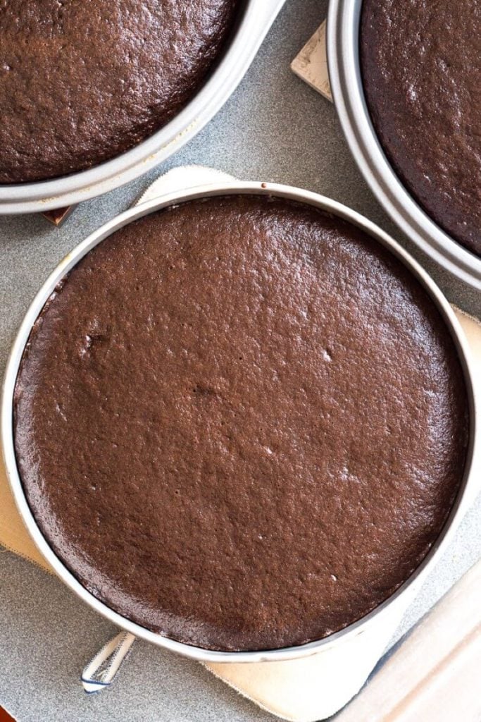 top view of chocolate cake, in baking tins