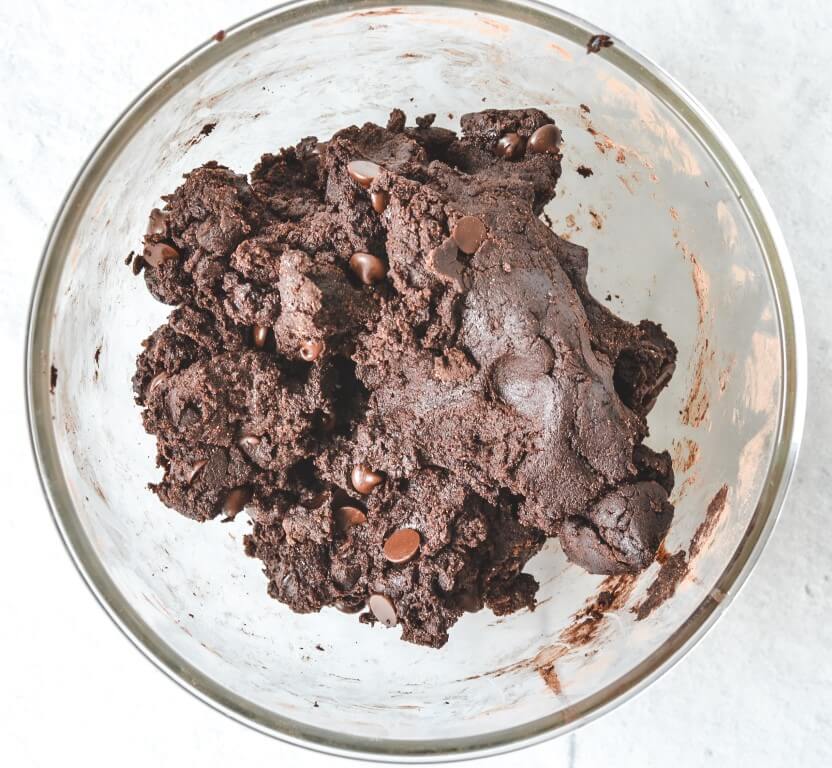 Chocolate cookie dough in glass bowl