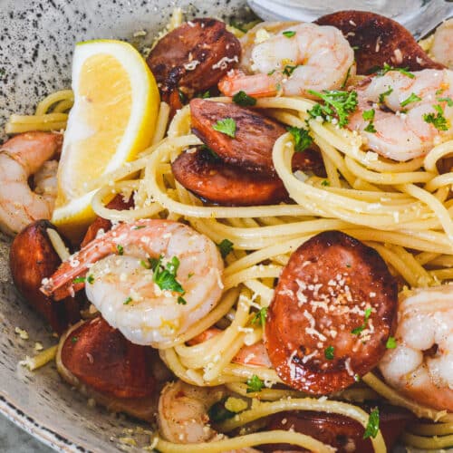 pasta-in-grey-bowl-with-prawns-and-chorizo