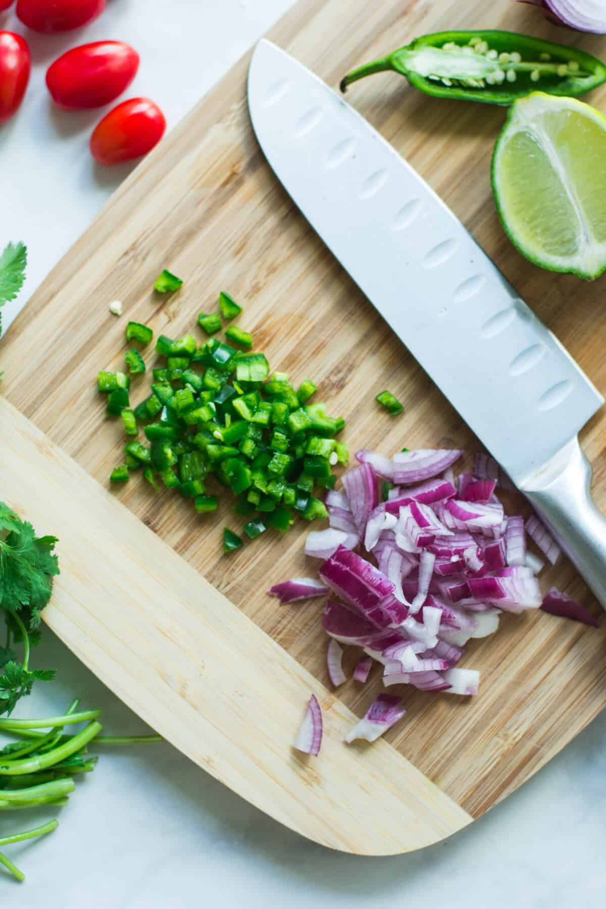 top view of chopped vegetables on a wooden board
