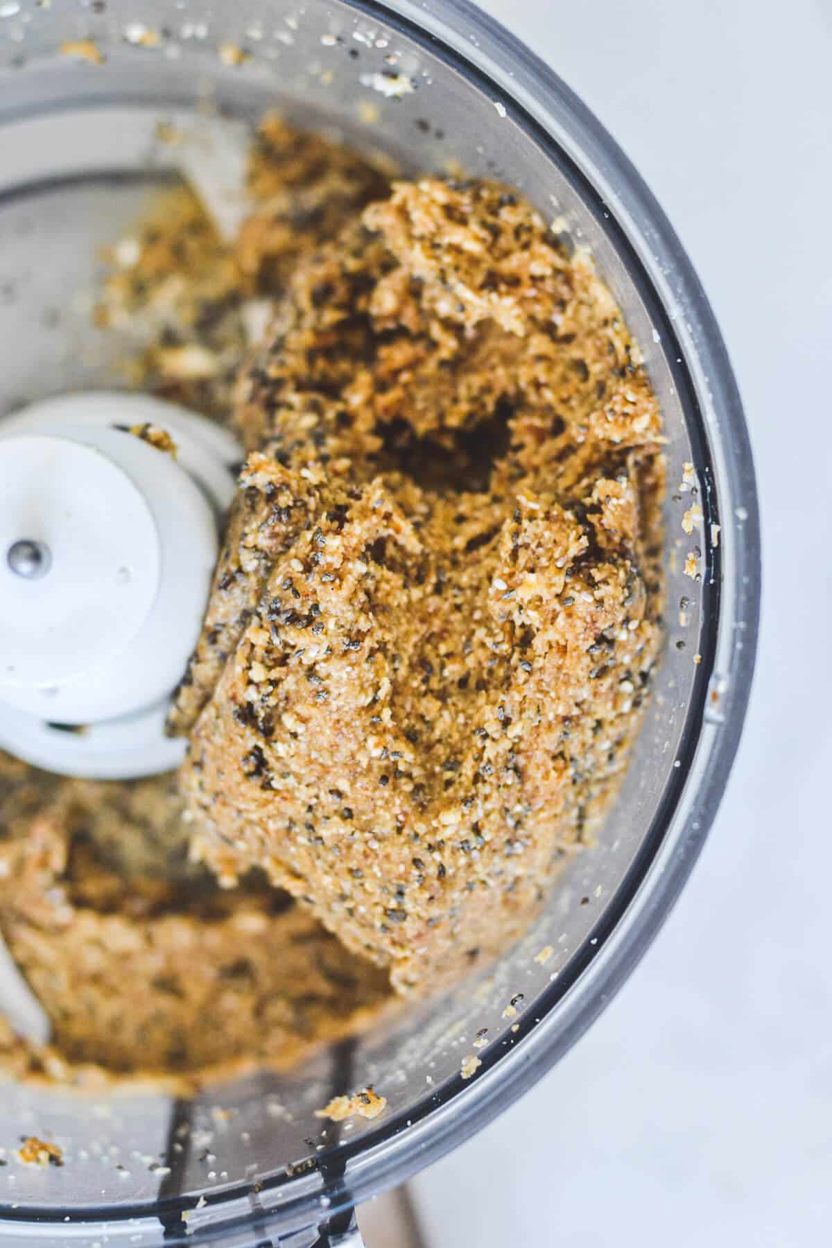 blended bliss ball mixture in a food processor