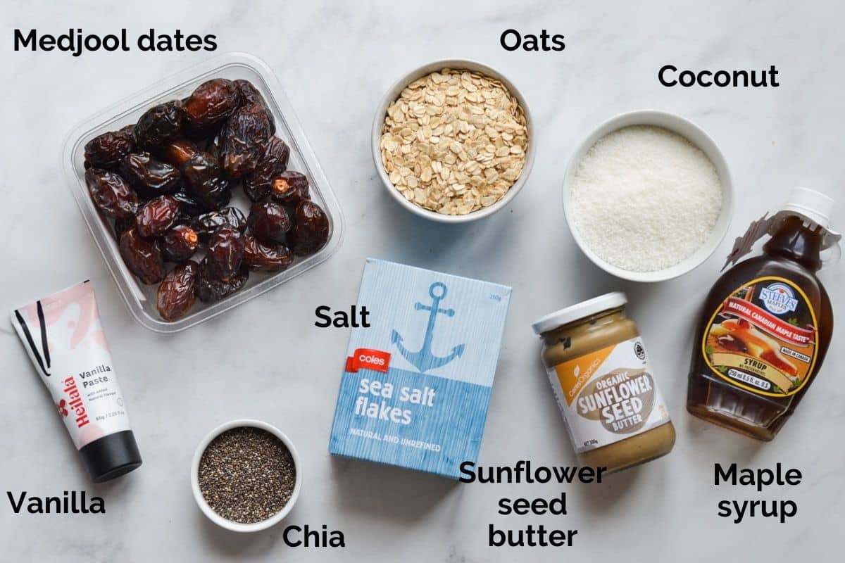 individual ingredients for caramel bliss balls laid out on a table