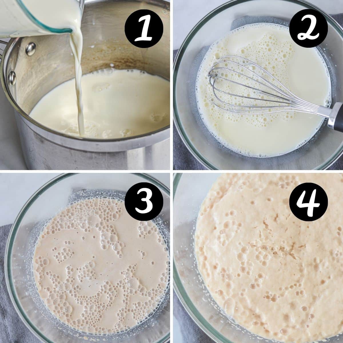 a grid of images with milk and yeast activating in a glass bowl