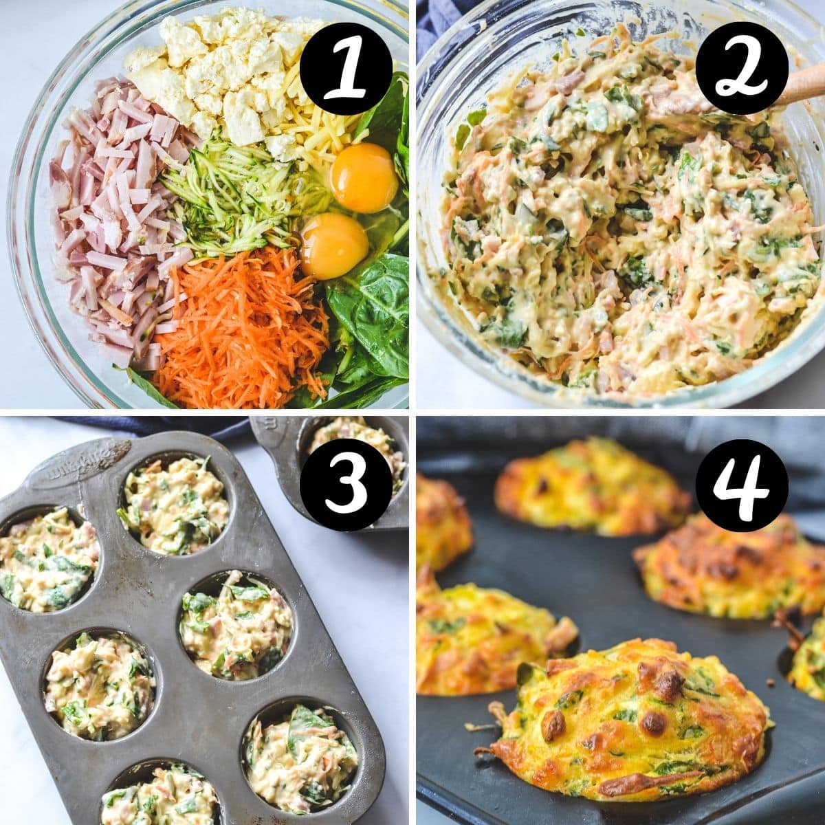 a collage of step by step photos showing vegetable muffins in a mixing bowl and being added to a muffin tray