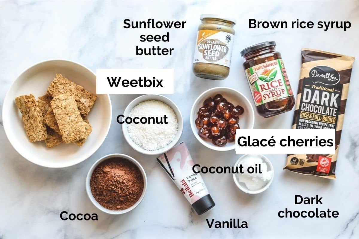 all ingredients for cherry ripe slice laid out on a table