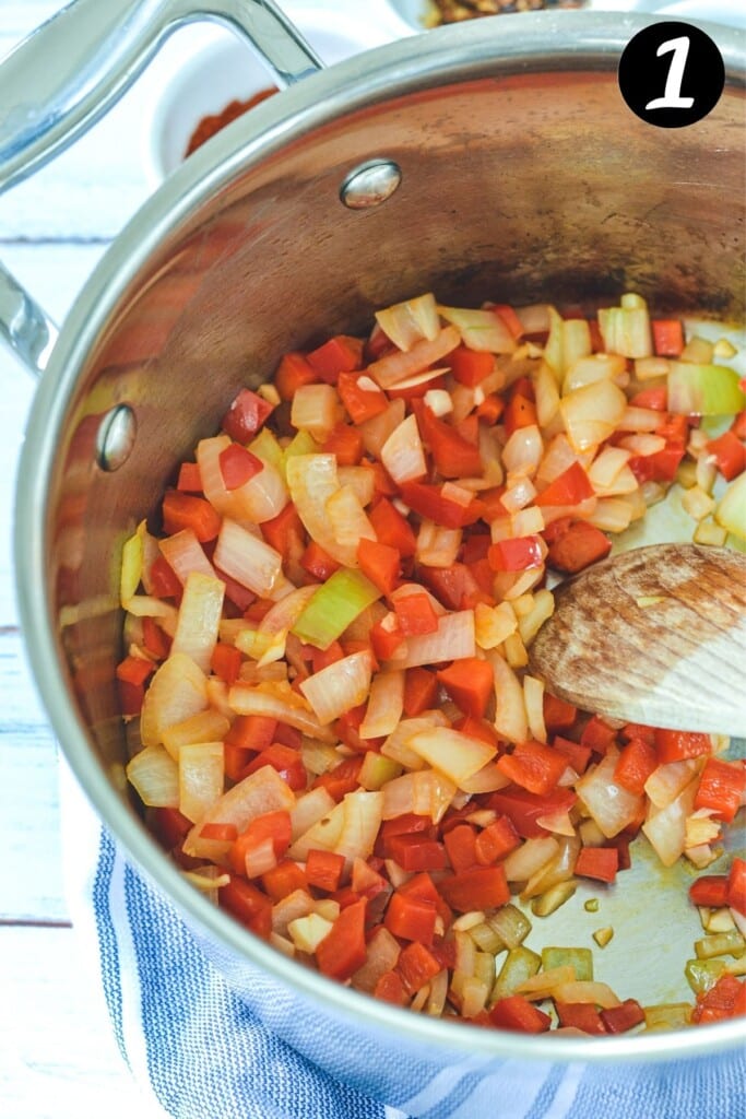 chopped vegetables in a saucepan.