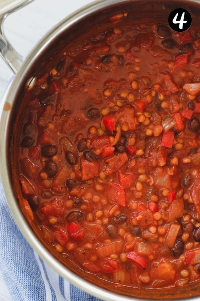 top view of finished vegetable chilli in a saucepan.