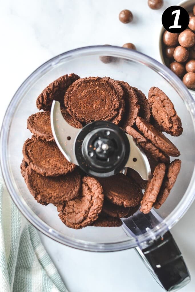 top view of chocolate cookies in a food processor