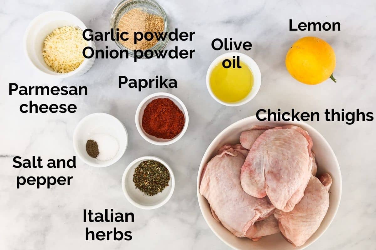 all ingredients for chicken thighs laid out on a table