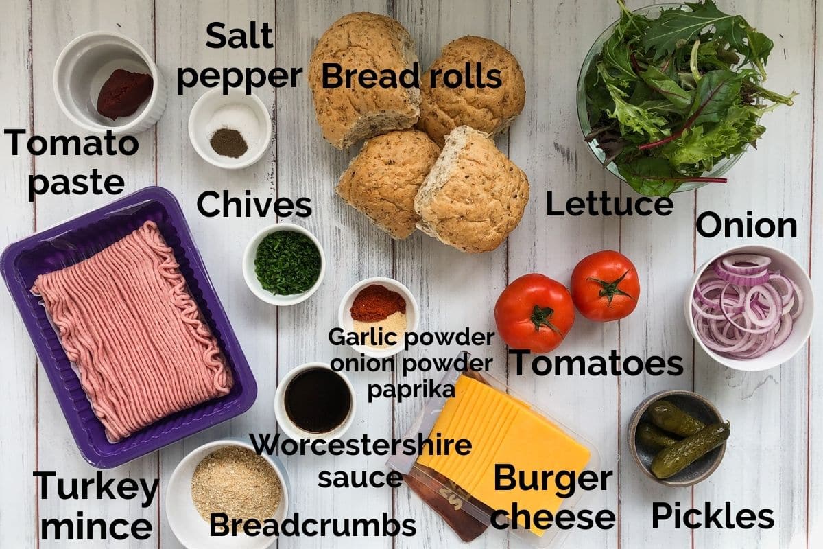 all ingredients for air fryer turkey burgers laid out on a table.