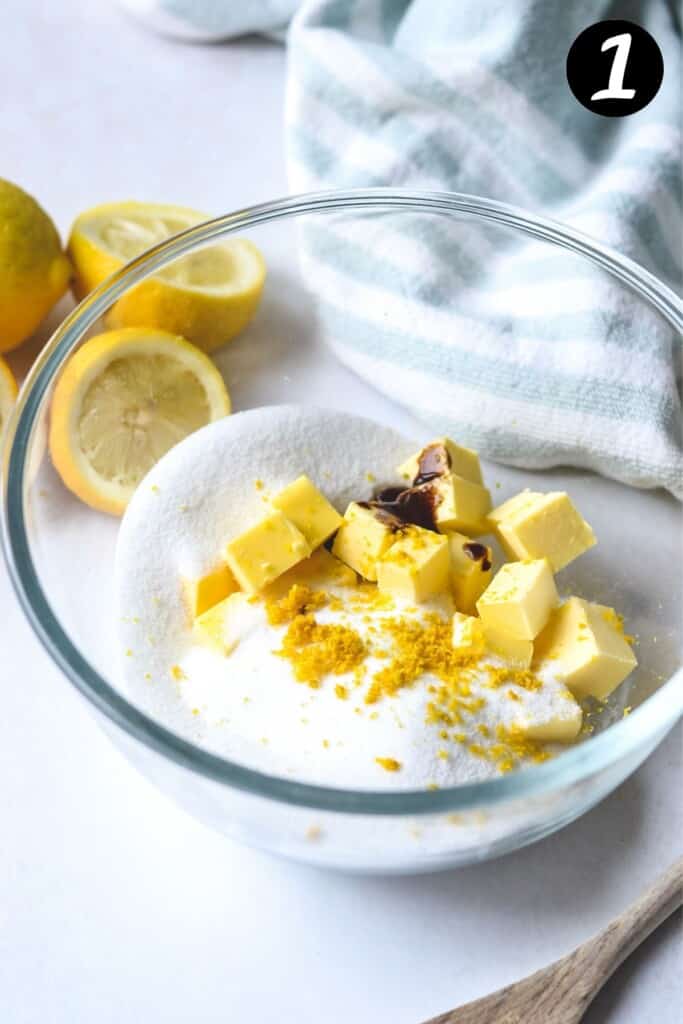 butter, sugar and lemon zest in a glass bowl