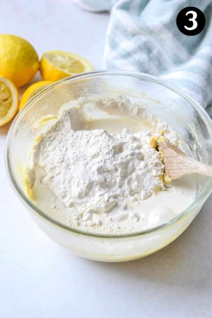 ingredients for lemon cupcakes in a glass bowl