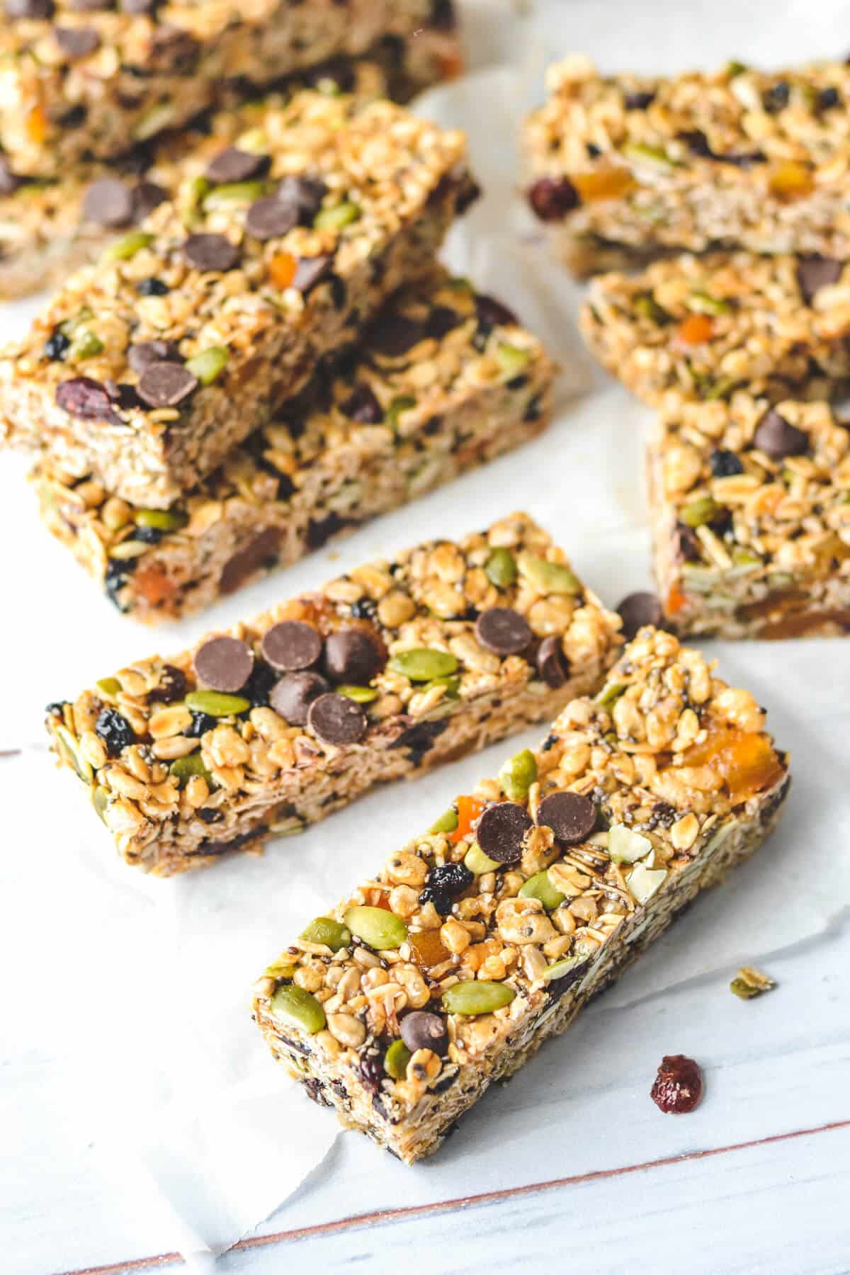 finished muesli bars laid out on a white table