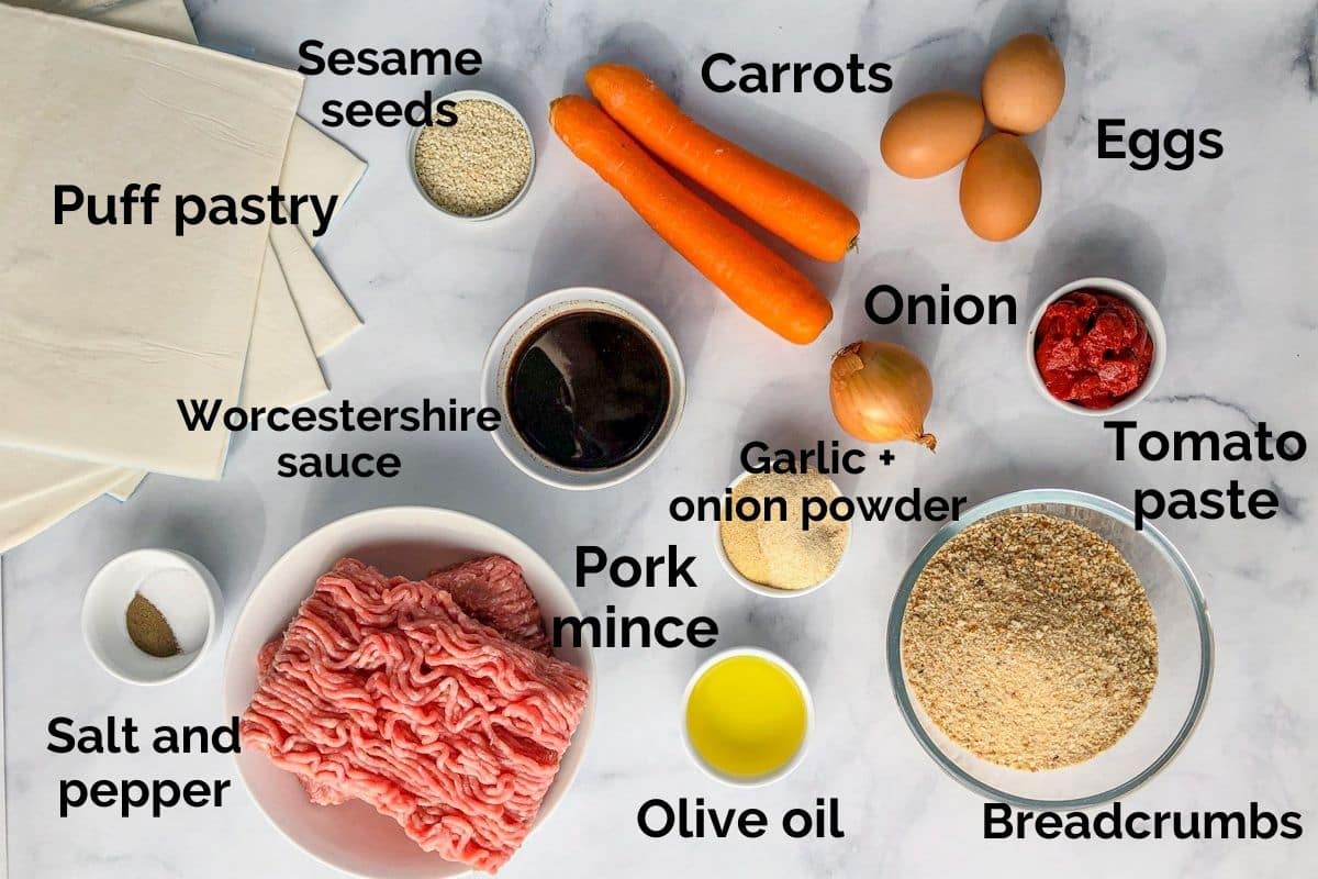 all ingredients for healthy sausage rolls laid out on a table