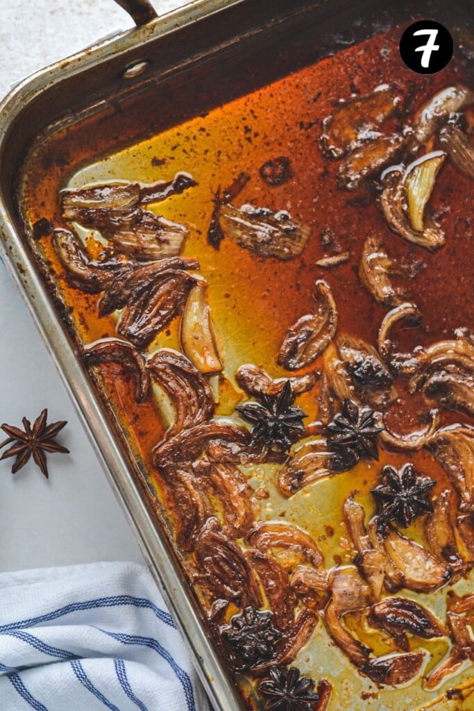 star anise and onion in a baking tray