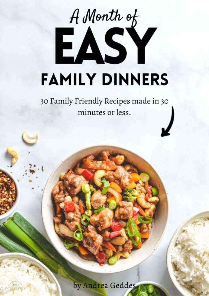 a book cover that says 'a month of easy family dinners' with a bowl of chicken cashew stir fry