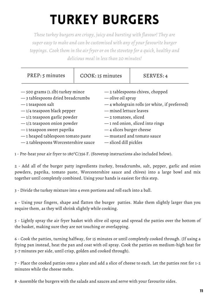 printed recipe for turkey burgers