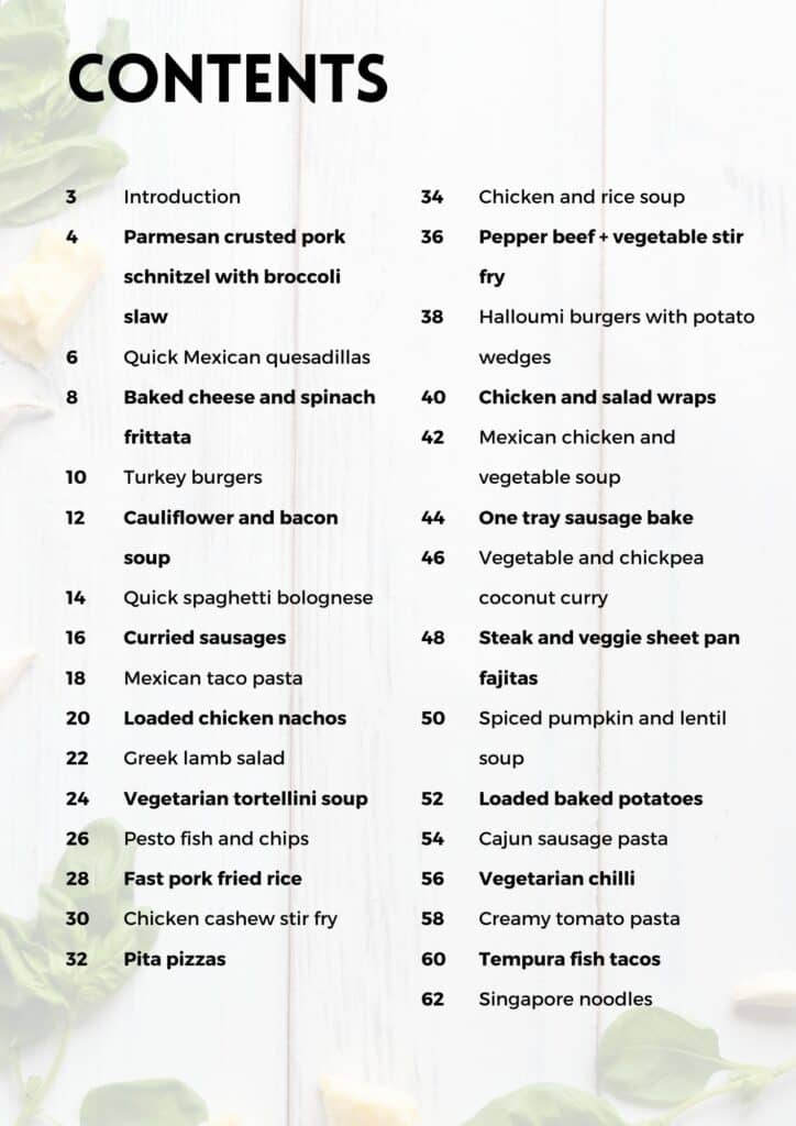 contents page showing list of family dinner recipes