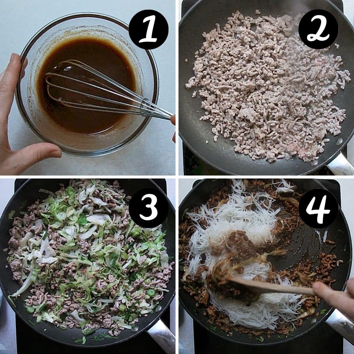 step by step photos showing pork mince, vegetables and sauce being cooked in a pan
