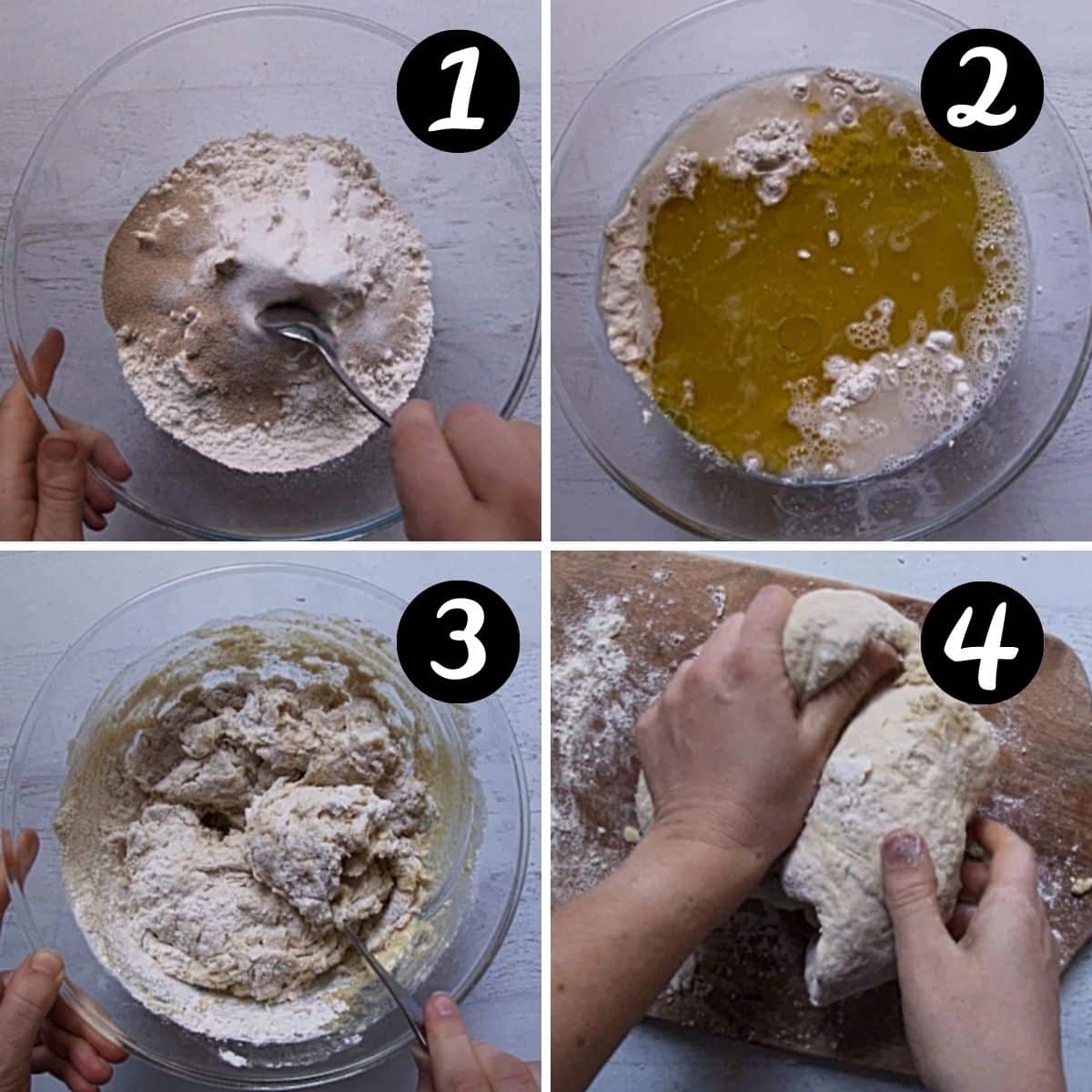 steps showing pizza dough being mixed in a bowl and hands kneading dough
