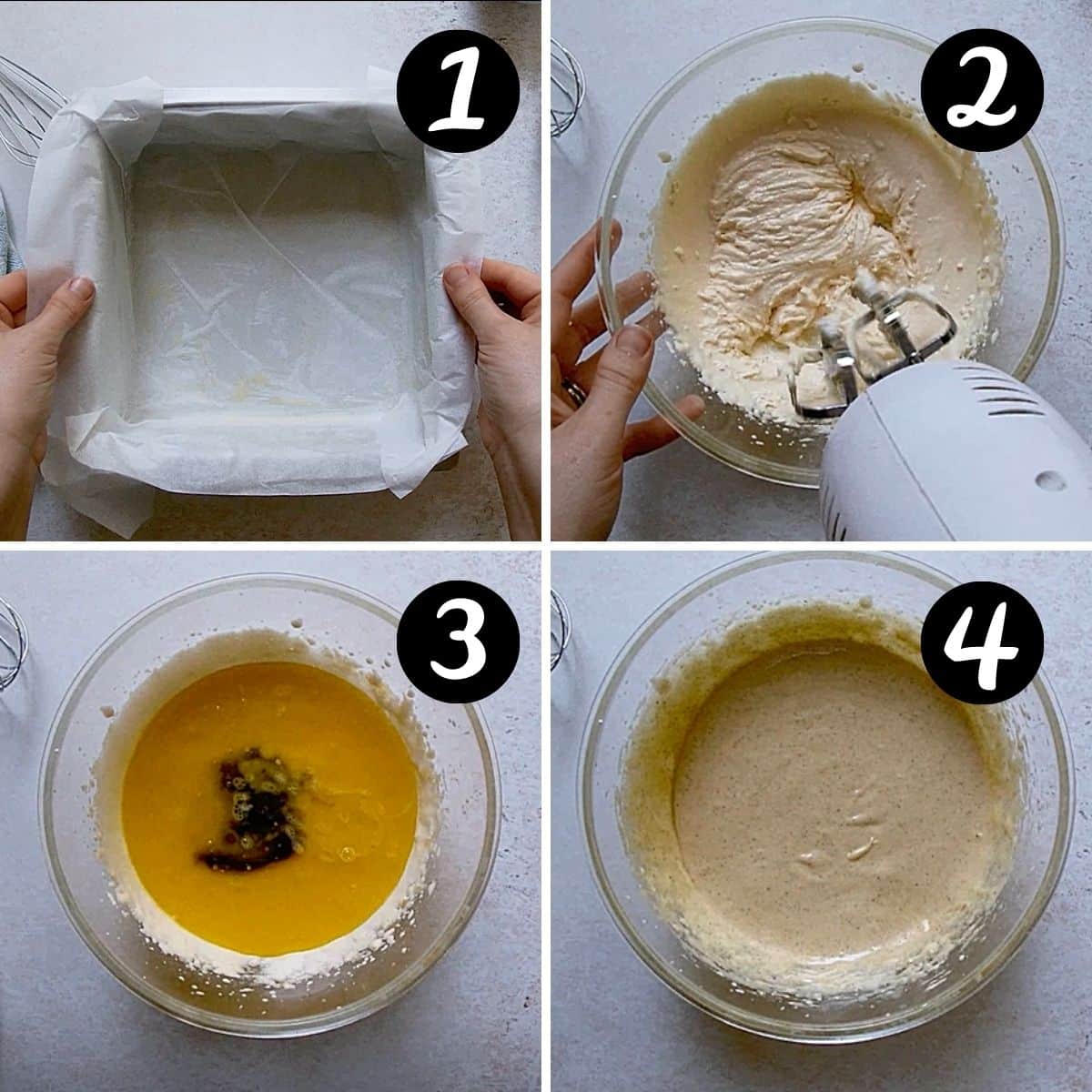step by step image of egg yolks being beaten with sugar, butter and vanilla