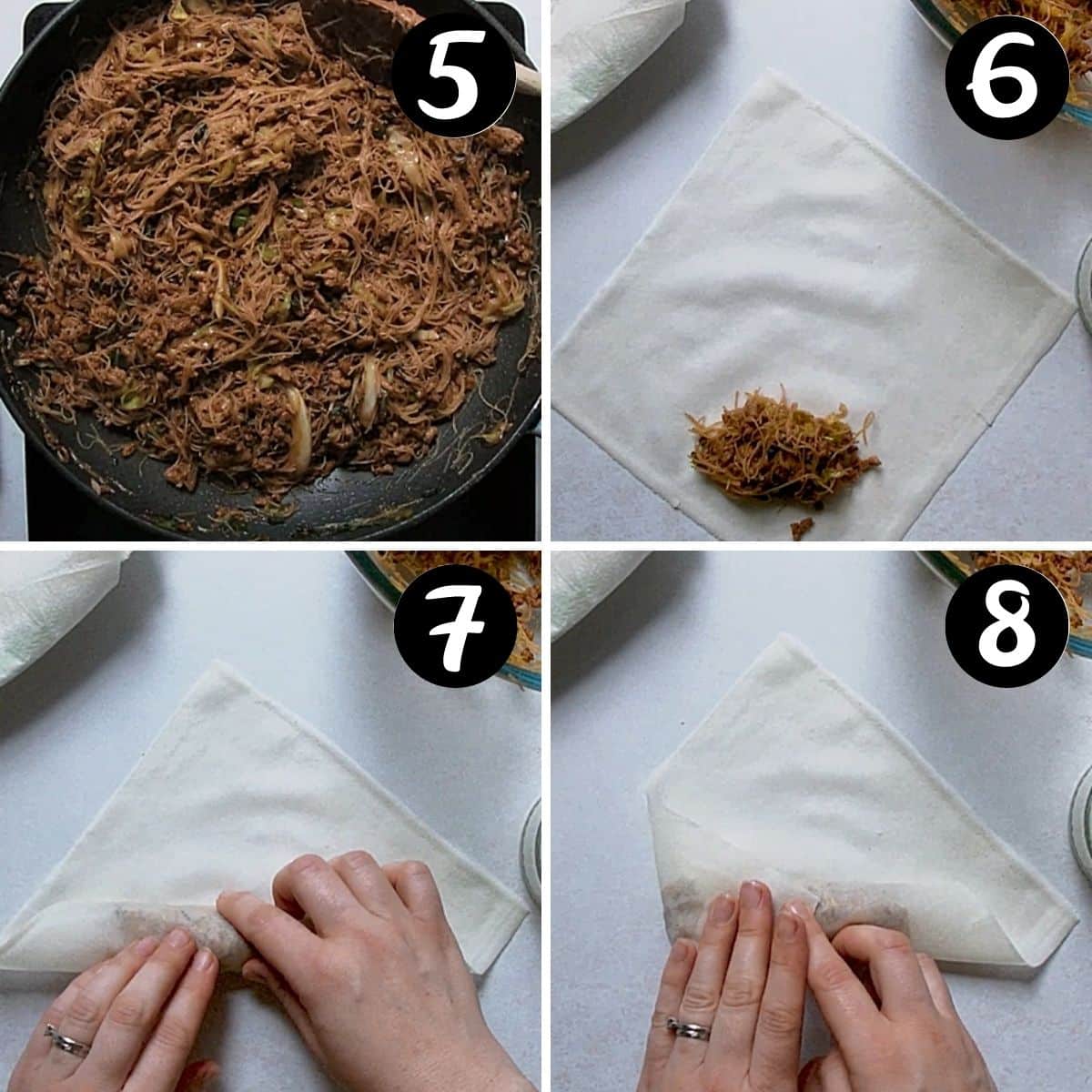 steps showing hands wrapping filling in spring roll pastry