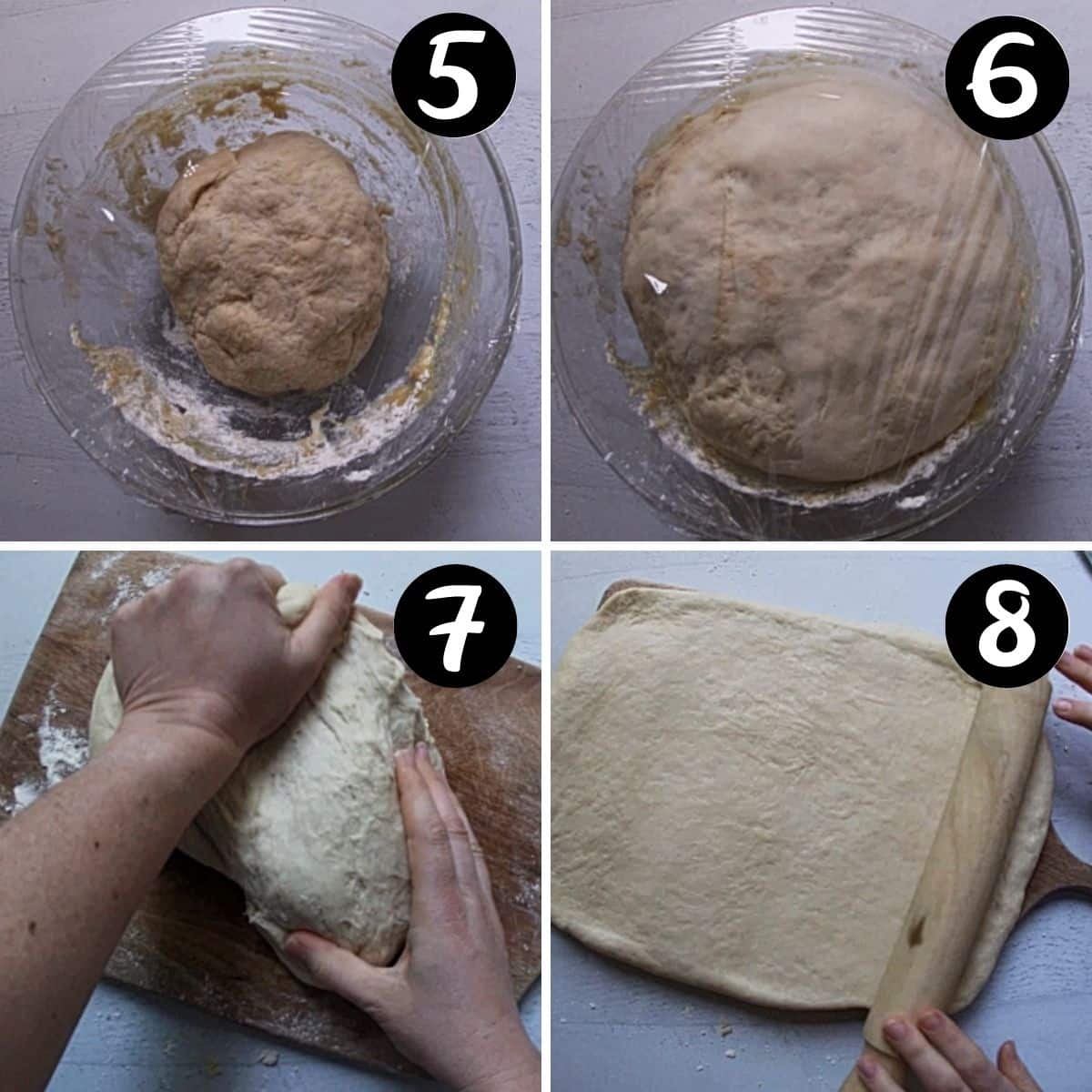 pizza dough rising in a glass bowl. Hands kneading and rolling dough.