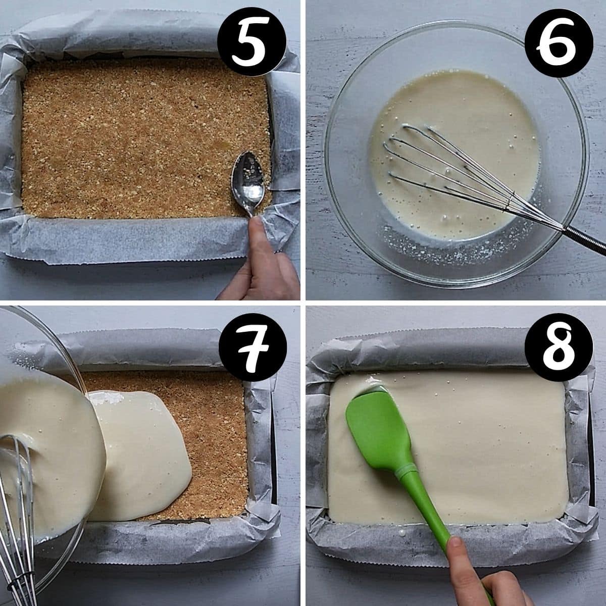 a grid of images showing a slice tin and a creamy condensed milk layer being spread over