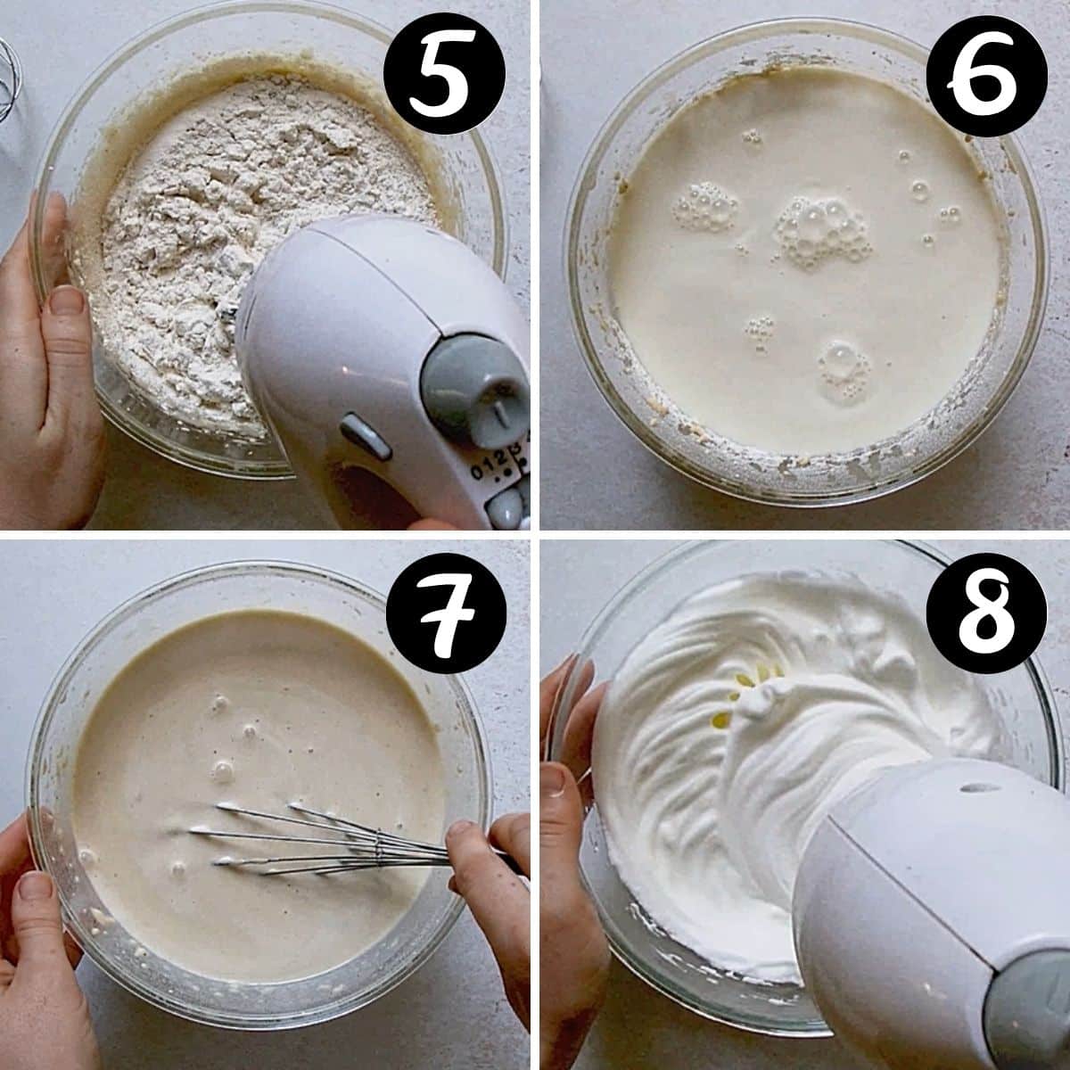 step by step grid showing custard cake batter and beaten egg whites