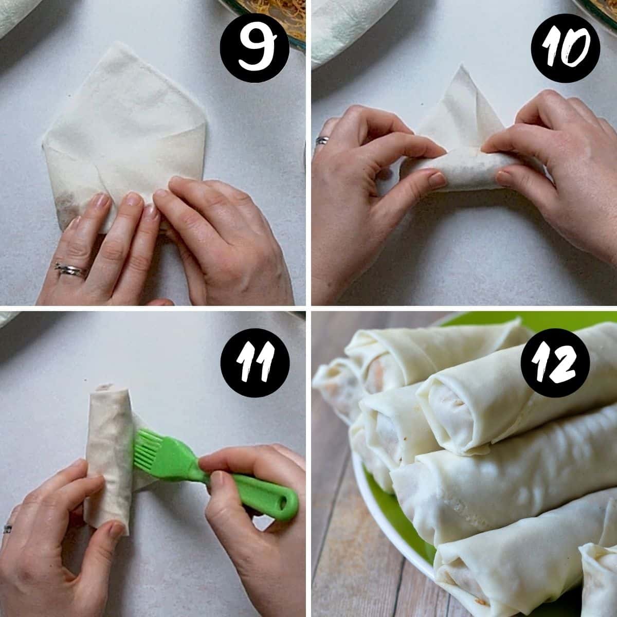 step by step photos with hands showing how to roll spring rolls