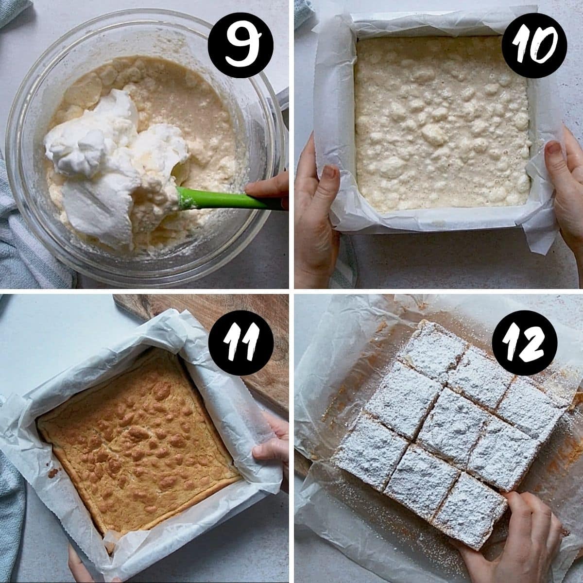 step by step grid showing egg whites being folded into cake batter and a finished custard cake