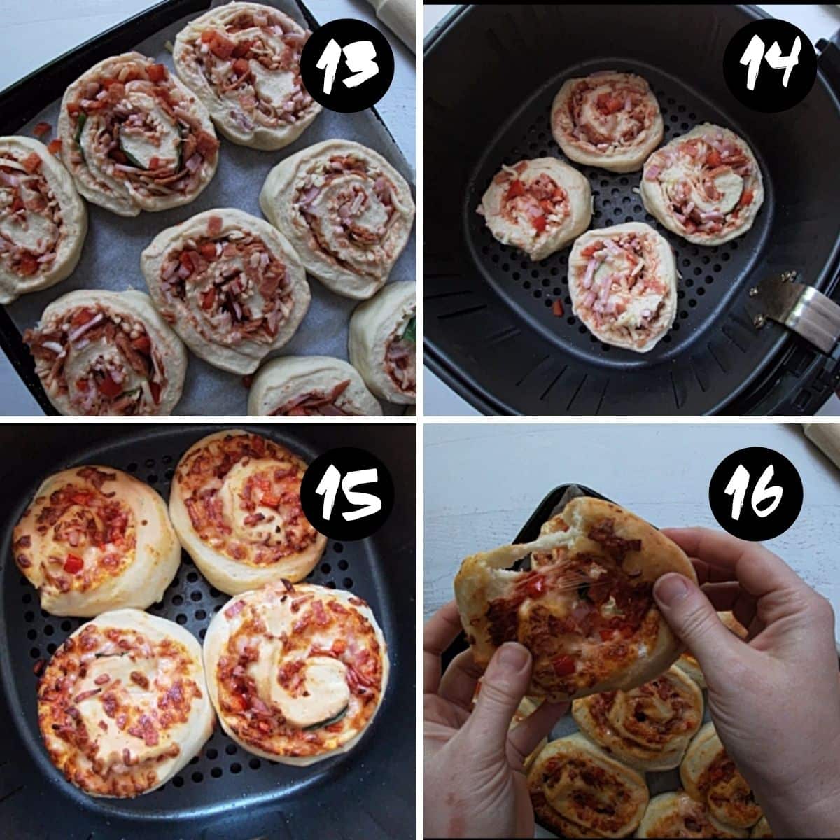 pizza scrolls laid out on a baking tray and air fryer basket and a hand holding finished scrolls