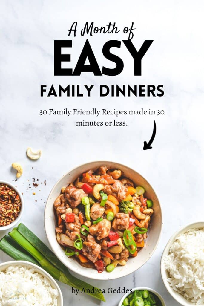 a book cover titled 'a month of easy family dinners' with a bowl of food