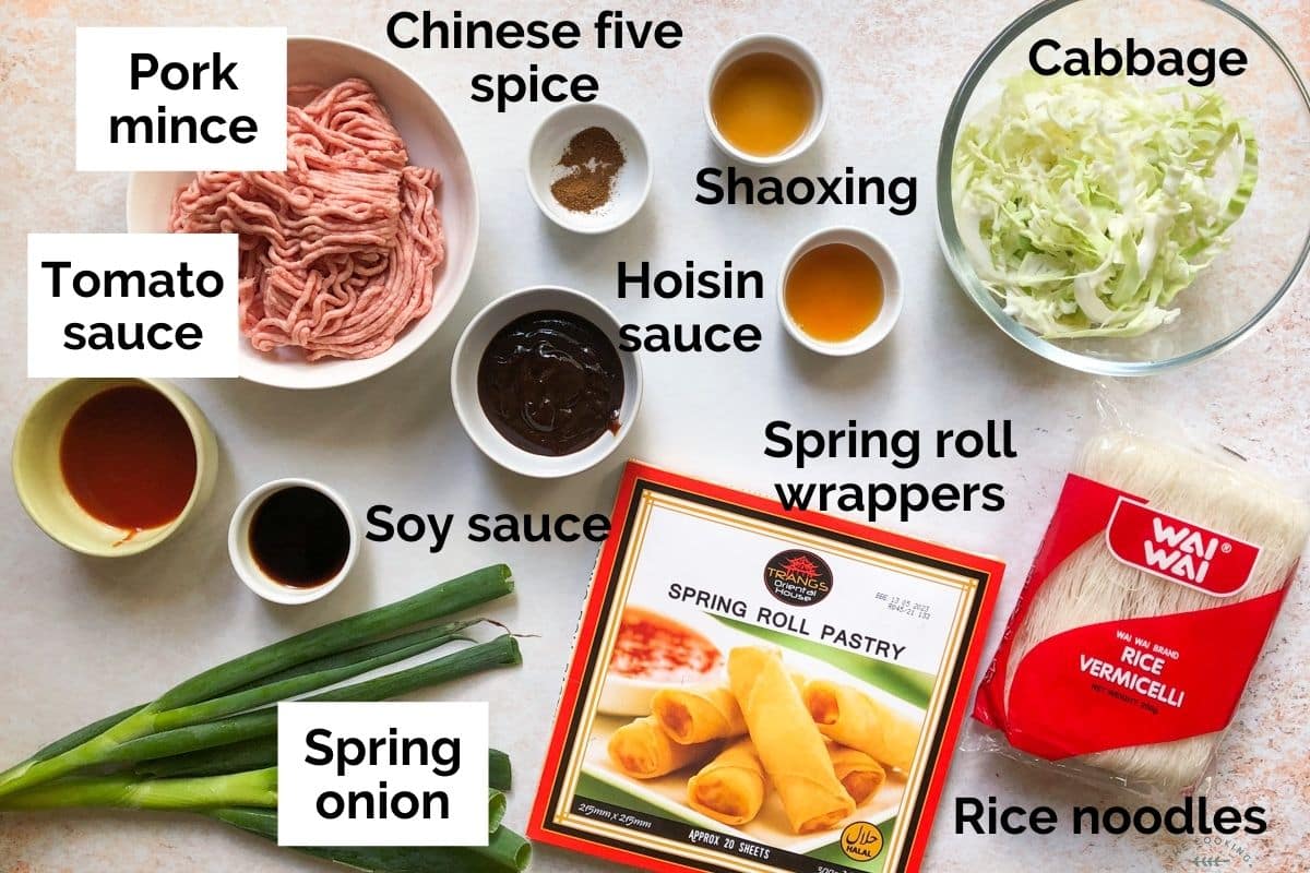 all ingredients for pork spring rolls laid out on a table