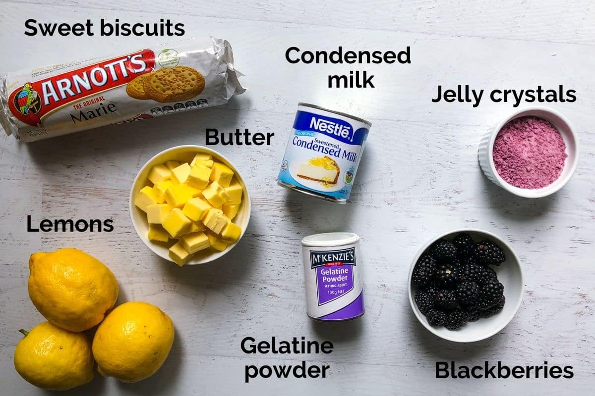 all ingredients for jelly slice laid out on a table