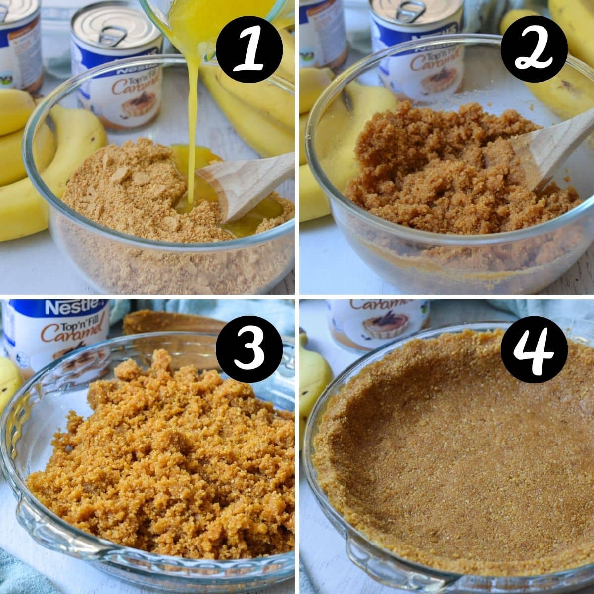 step by step images showing a biscuit base being pressed into a pie dish