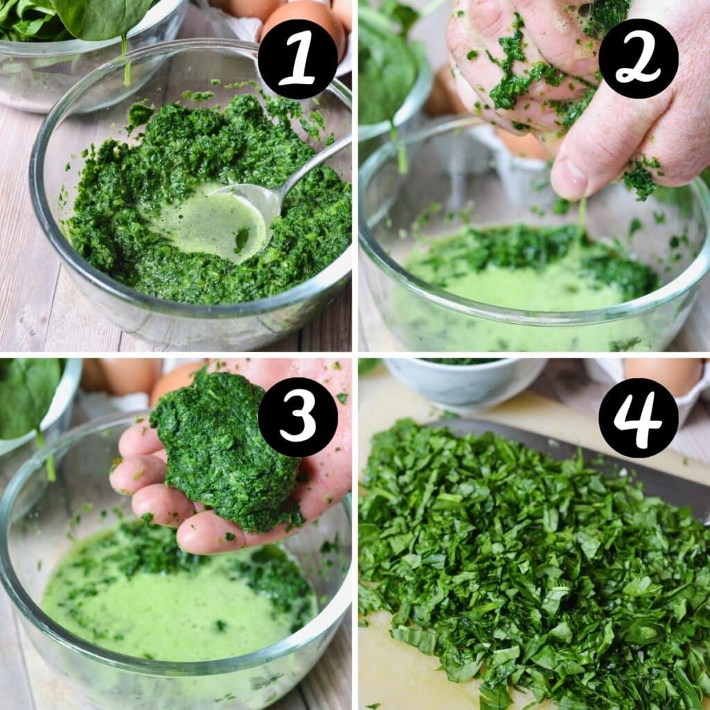 hands squeezing frozen spinach to remove excess liquid.