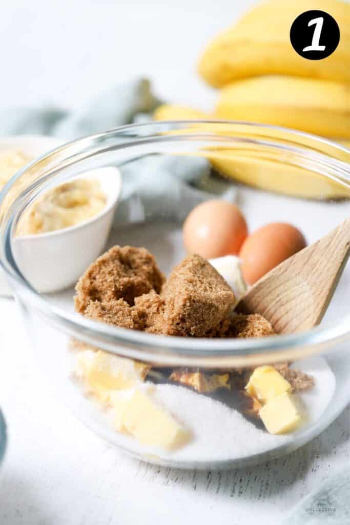 butter and sugars in a glass mixing bowl