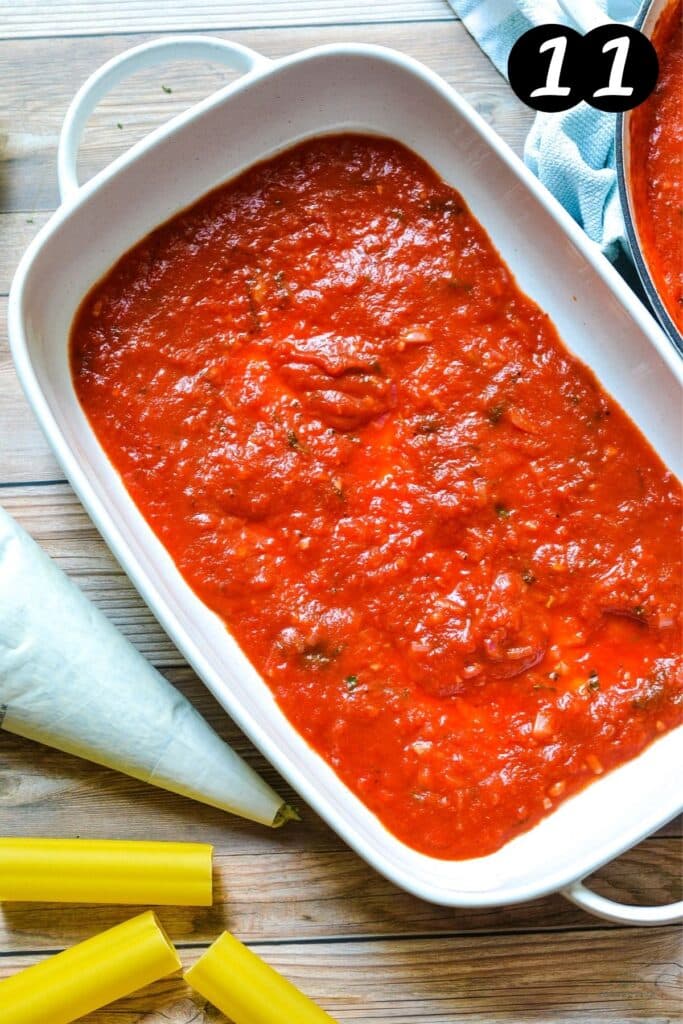 napoletana sauce in a white baking dish