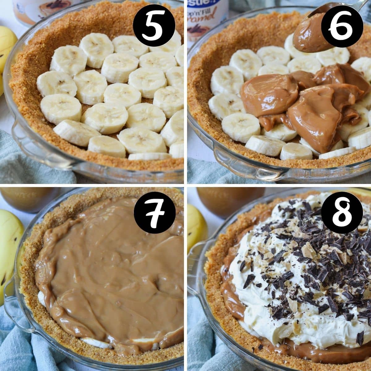 layers of banoffee pie being assembled with banana, cream and caramel