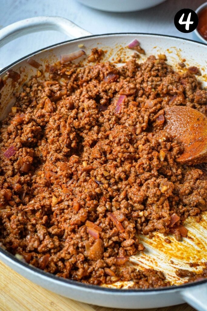 finished taco meat in a white pan