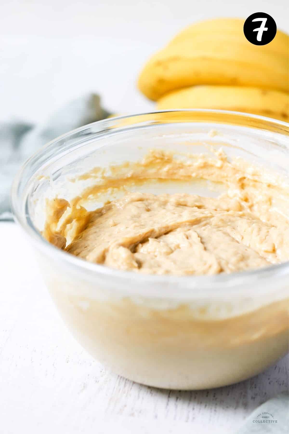 banana cake batter in a glass bowl