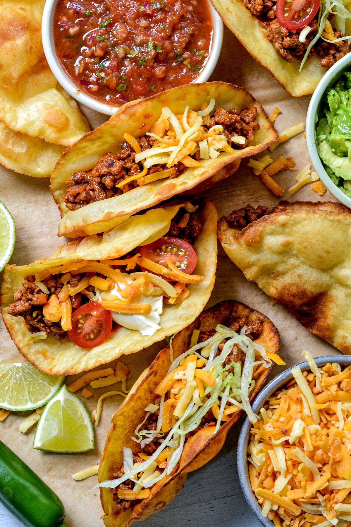 top view of finished tacos with salad and lime wedges