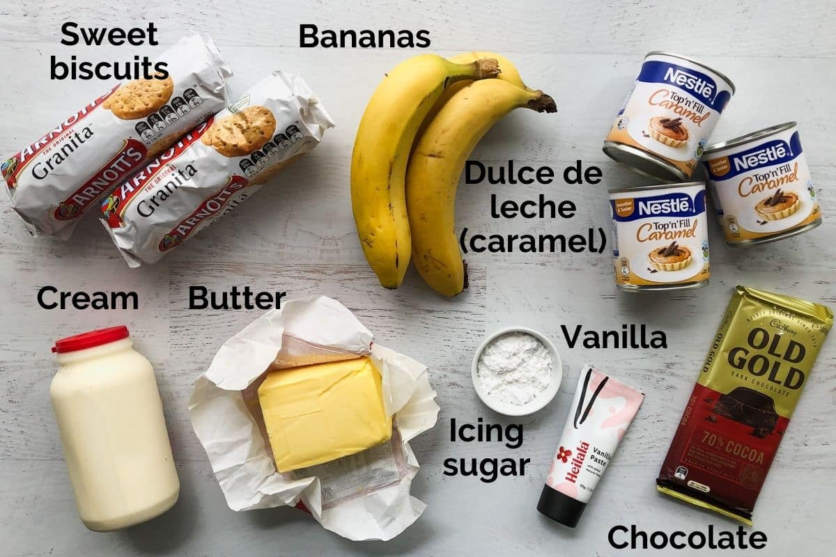 all ingredients for banoffee pie laid out on a table