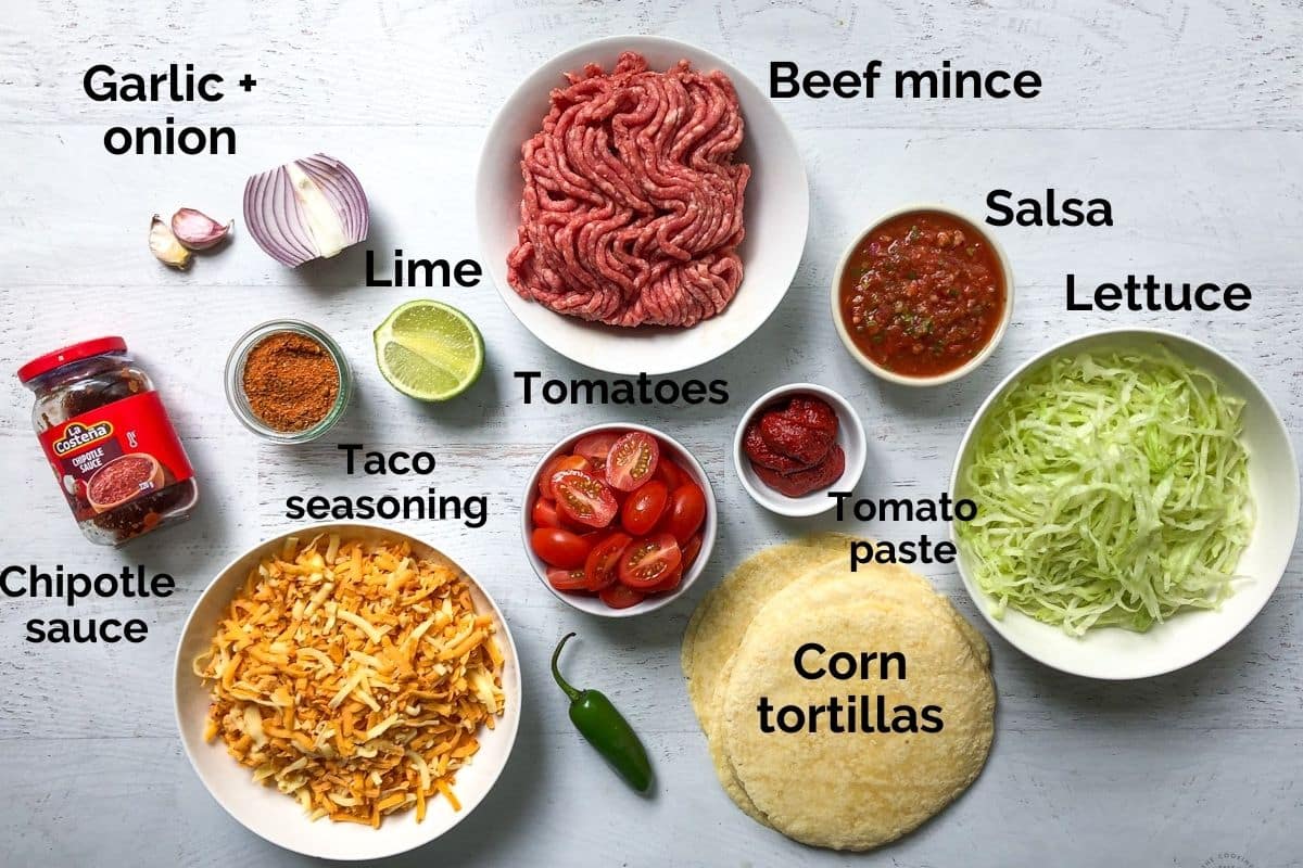 all ingredients for beef tacos laid out on a table