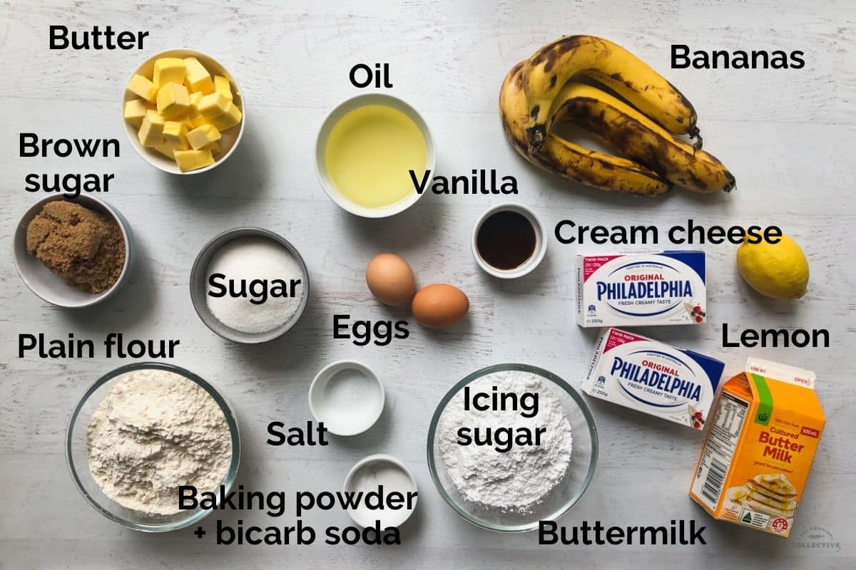 all ingredients for banana cake with oil laid out on a table
