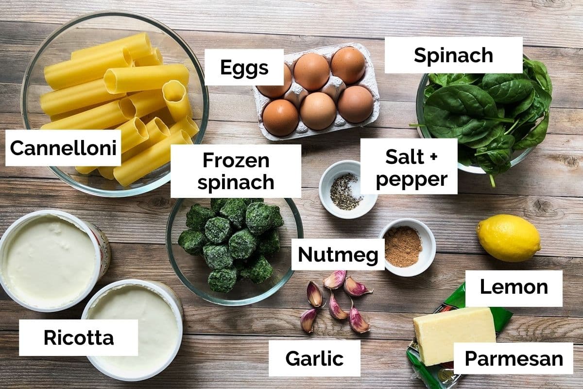 all ingredients for spinach and ricotta cannelloni laid out on a table