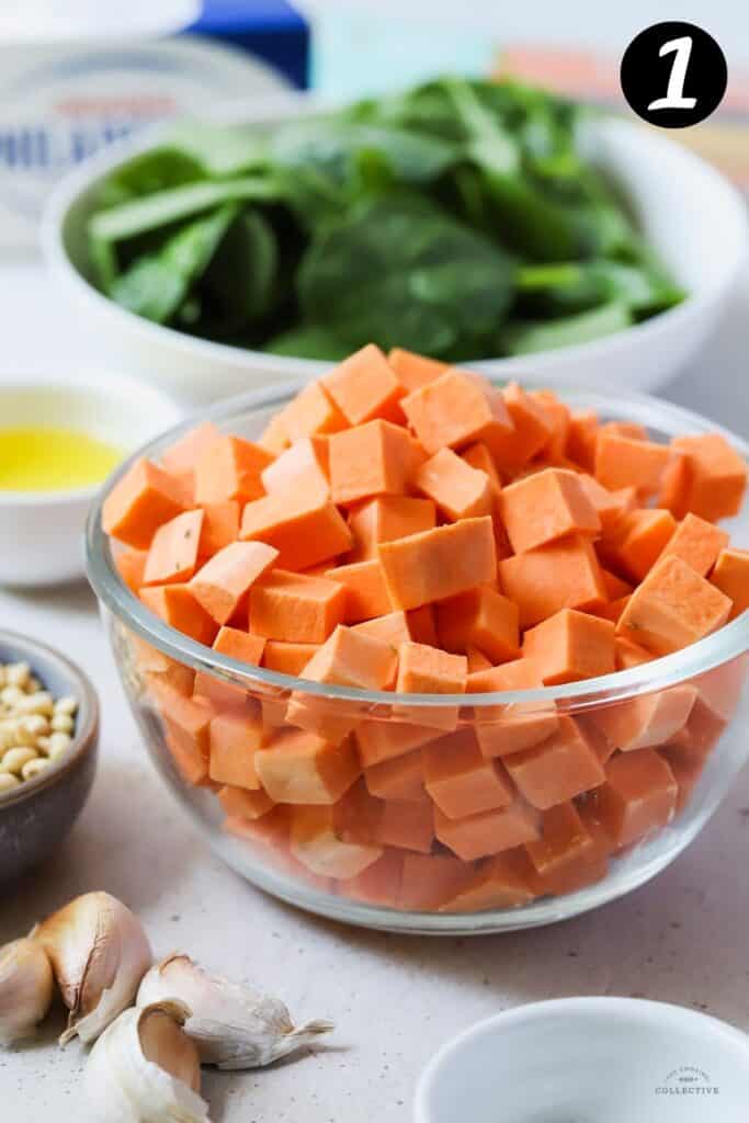 cubes of sweet potato in a glass bowl